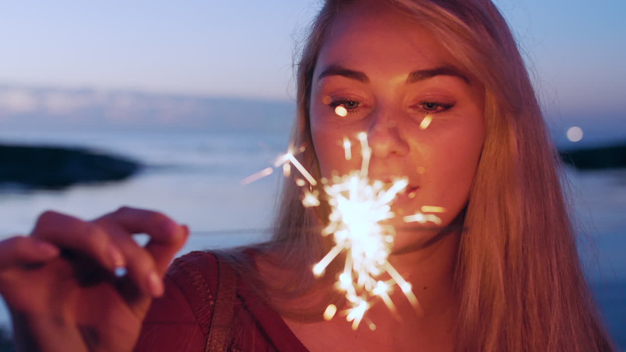 cara, chispa y año nuevo con una mujer