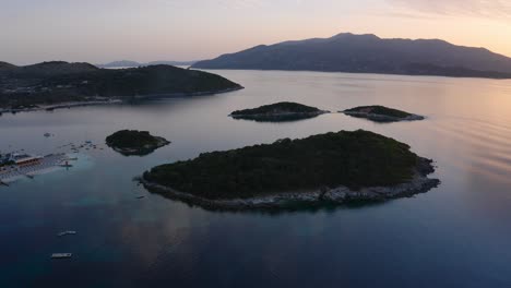 the-Islets-of-Ksamil-in-the-Ionian-Sea-in-Southern-Albania,-sunset-time