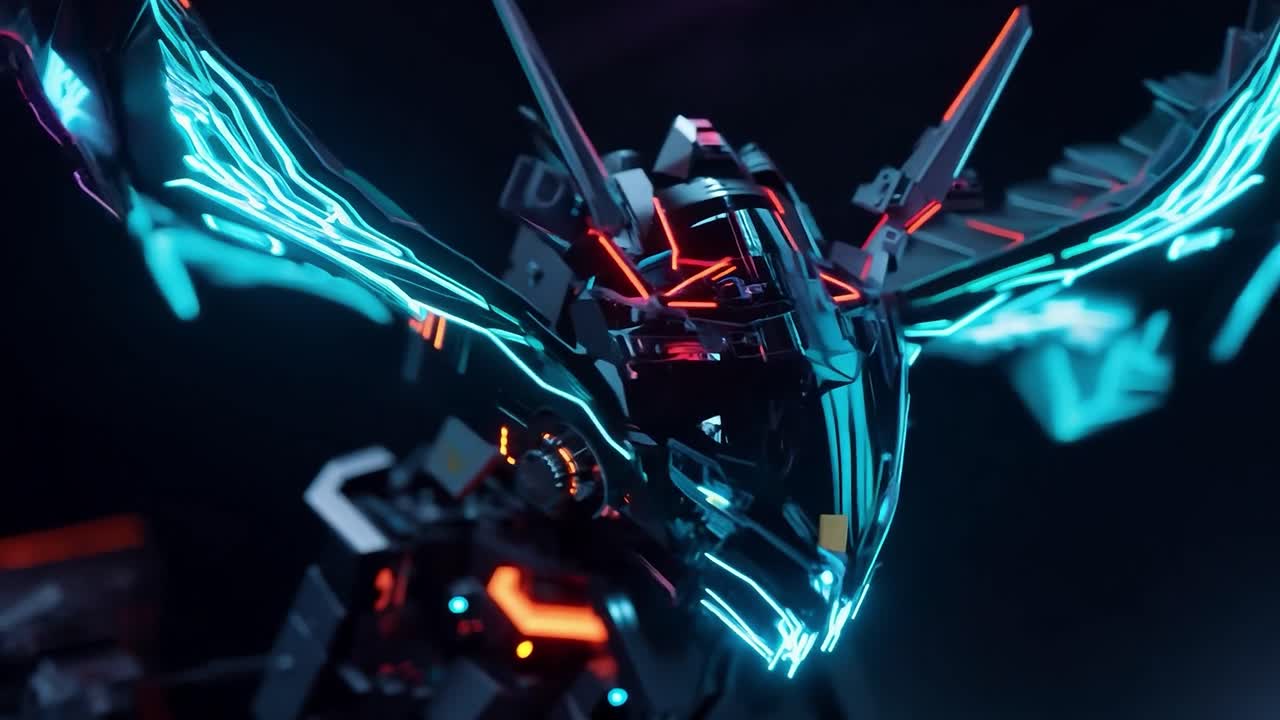 el robot mecha cyberpunk con alas brillantes