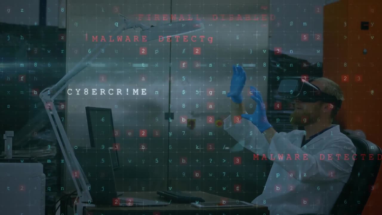Animation of cyber attack warning over scientist with vr headset
