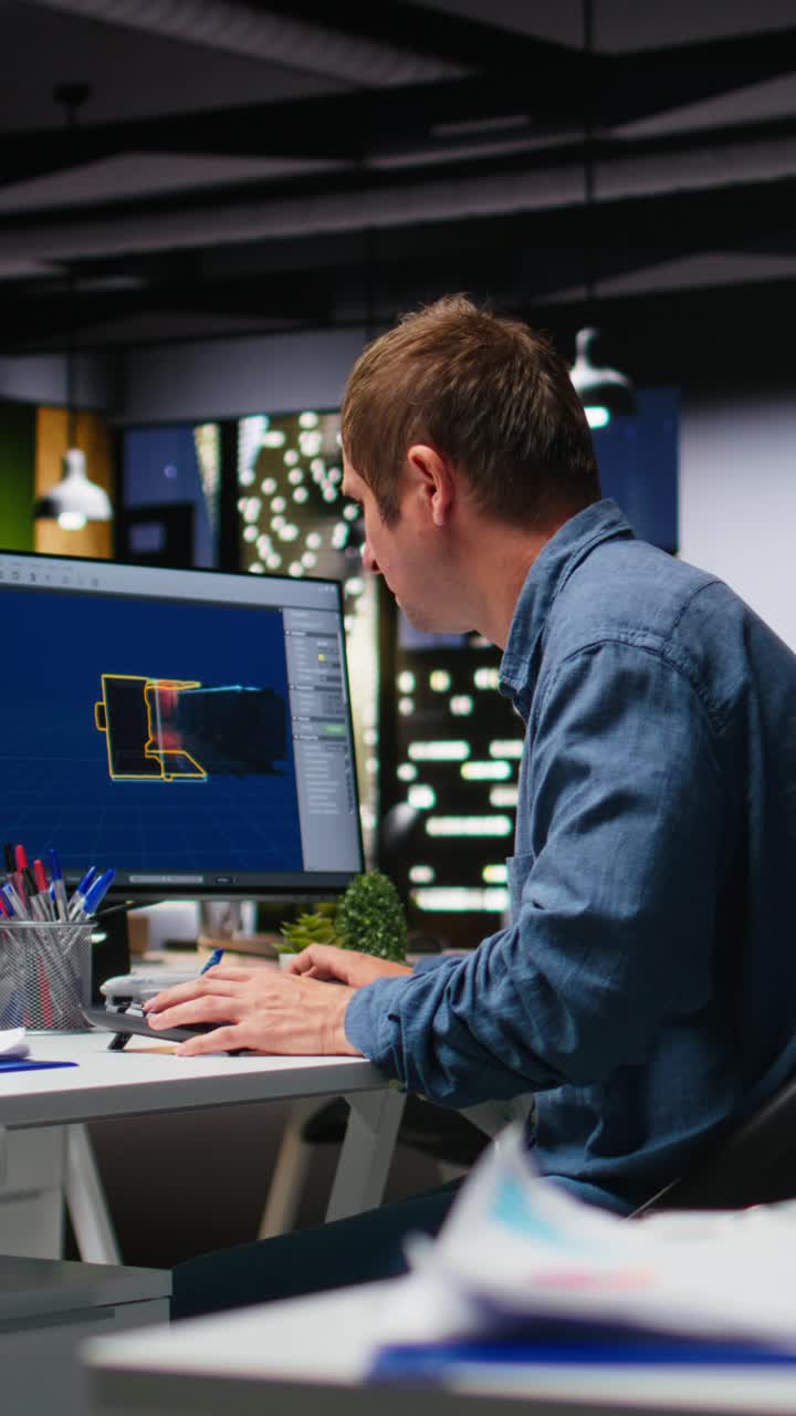 Vertical Video Male IT engineer uses AI techniques to create video game and a turbine