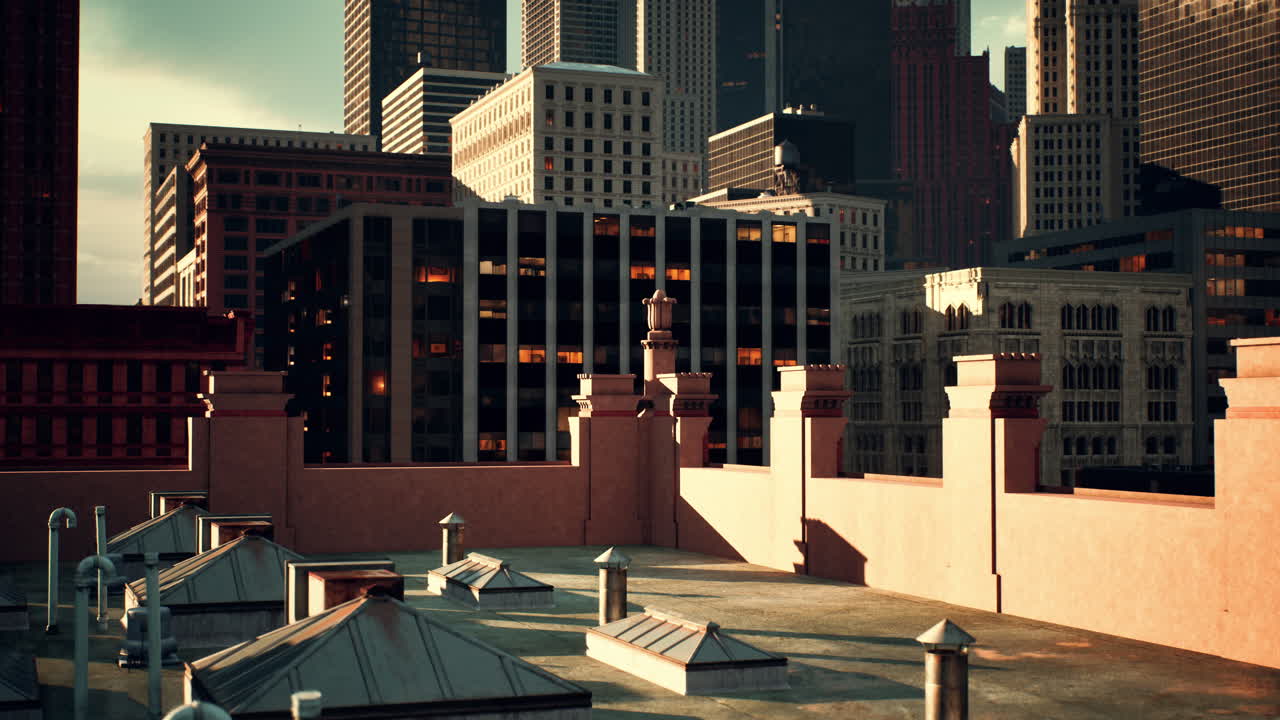 도시 지붕에서 해가 지는 모습