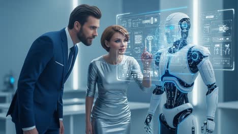 engaging with advanced robotics: a futuristic interaction between humans and artificial intelligence in a high-tech environment