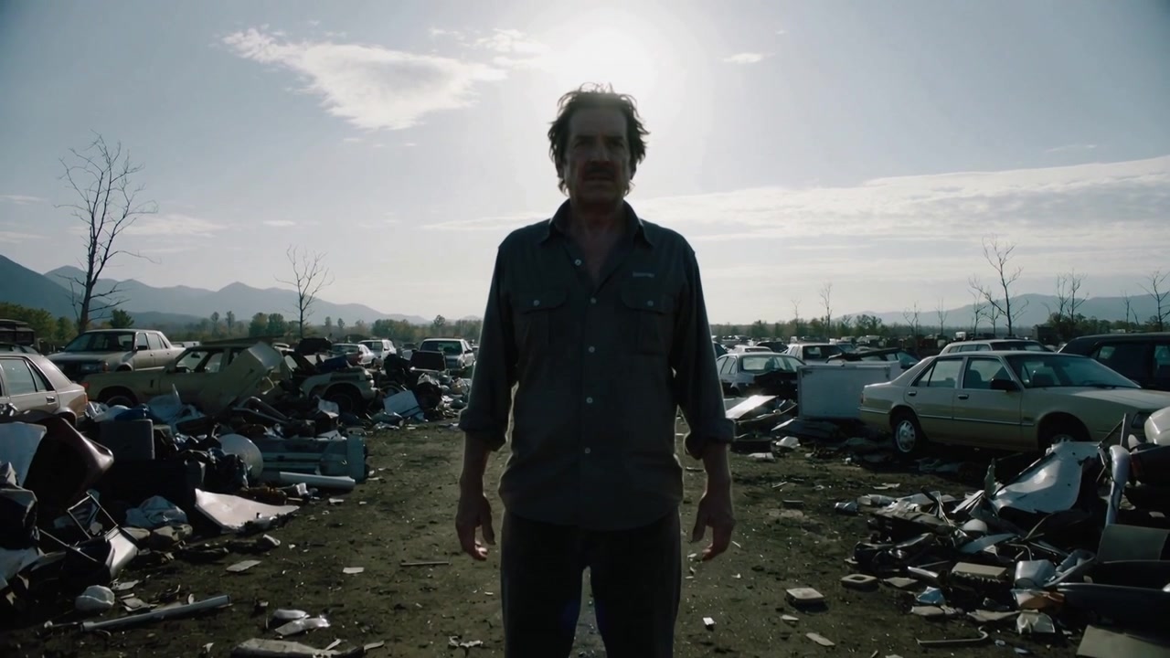 Walking man wearing denim shirt and pants starting toward camera amid abandoned cars, sun flaring