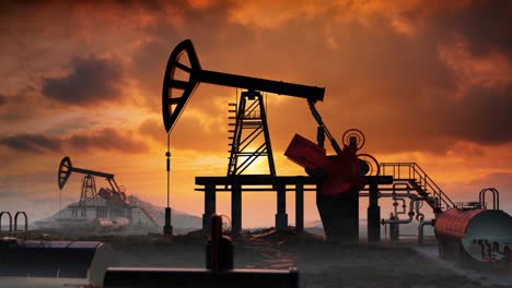 oil pump, oil industry equipment, drilling derricks from oil field silhouette at sunset. energy supply crisis. 3d rendering