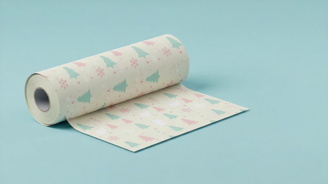 Decorative Christmas Wrapping Paper Roll Featuring Festive Trees and Snowflakes on a Soft Blue Background, Perfect for Holiday Gift Wrapping
