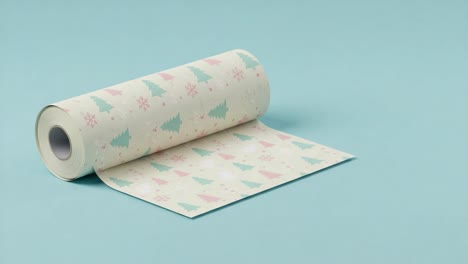 decorative christmas wrapping paper roll featuring festive trees and snowflakes on a soft blue background, perfect for holiday gift wrapping