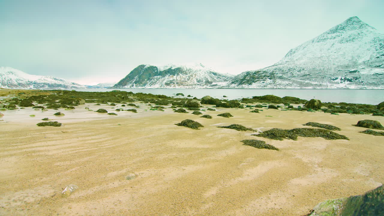 노르웨이의 얼어붙은 해변의 팬과 함께 왼쪽에서 오른쪽으로 영화 추적 샷