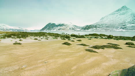 Filmische-Kamerafahrt-Von-Links-Nach-Rechts-Mit-Schwenk-über-Einen-Zugefrorenen-Strand-In-Norwegen