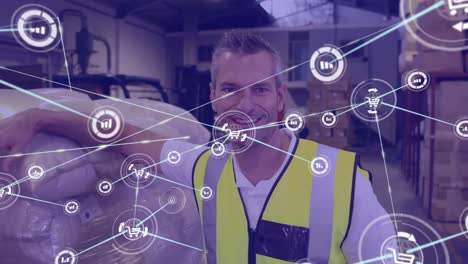 Animation-of-network-of-connections-over-caucasian-man-working-in-warehouse