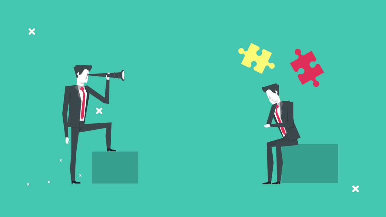 망원경과 퍼즐 조각을 가진 우아한 사업가 캐릭터