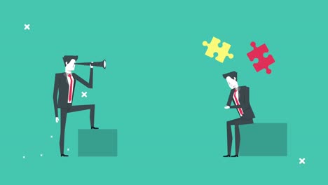 elegant businessmen with telescope and puzzle pieces characters