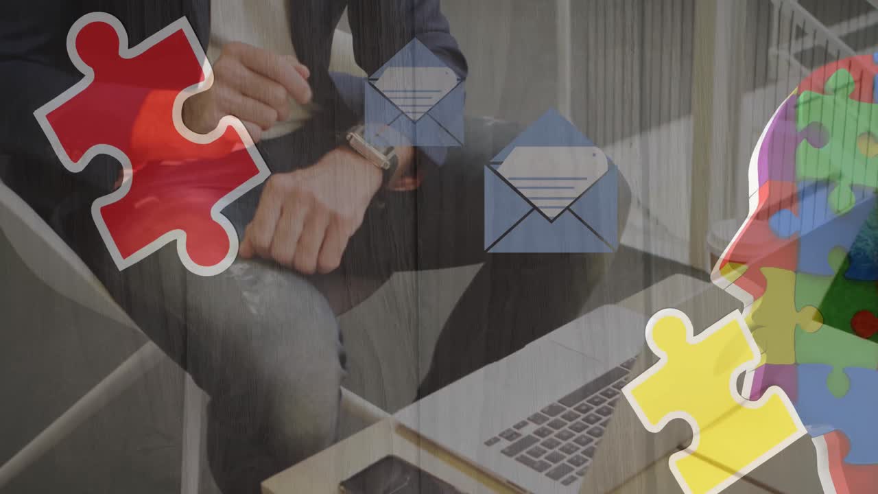 animación de un colorido rompecabezas sobre un hombre de negocios caucásico