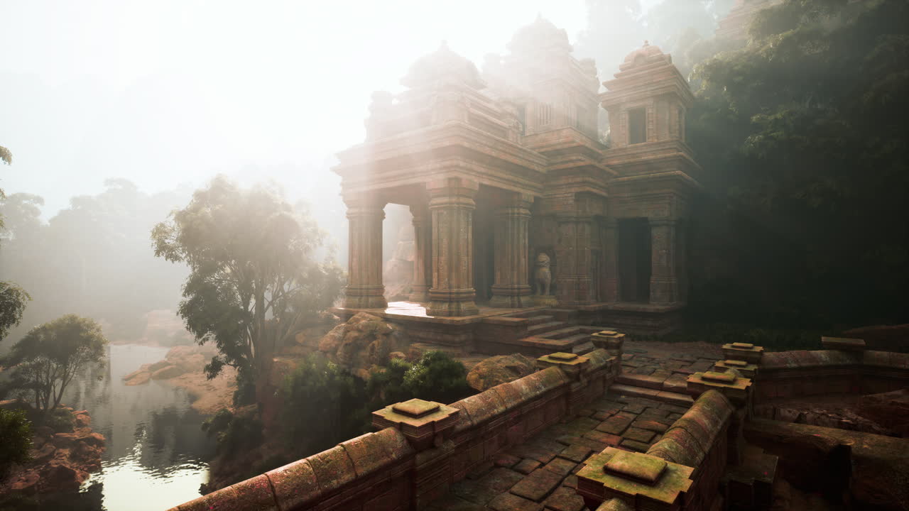 Foggy day at ancient temple with lake