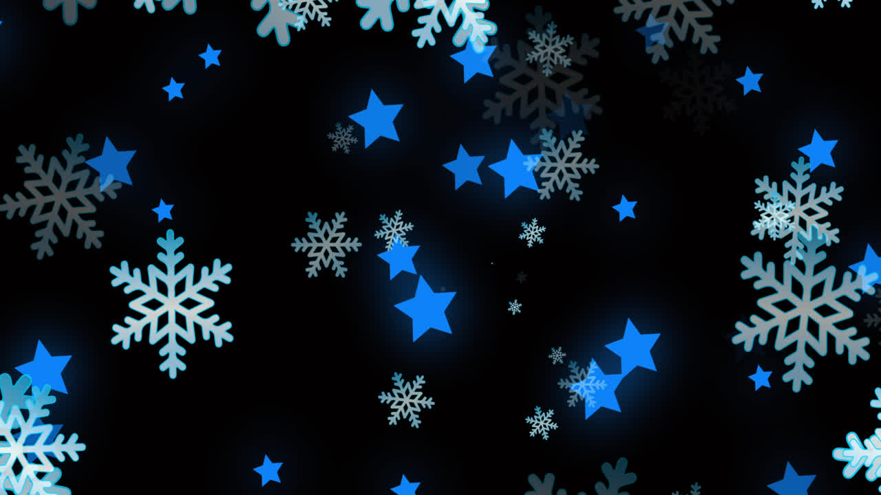 Animation of christmas snowflakes and stars falling on black background