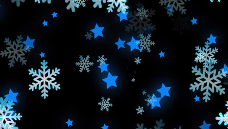 animación de copos de nieve de navidad y estrellas cayendo sobre un fondo negro
