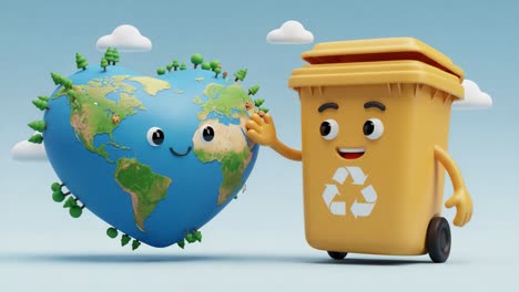 a playful character waving alongside a cheerful globe-shaped heart adorned with trees, promoting environmental awareness and recycling through friendly interaction and animation