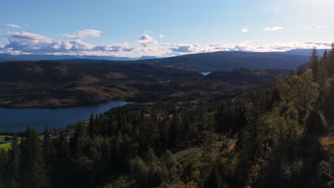 aerial view of a scenic landscape featuring a winding river, lush trees, and distant mountains under a clear blue sky in valdres, norway