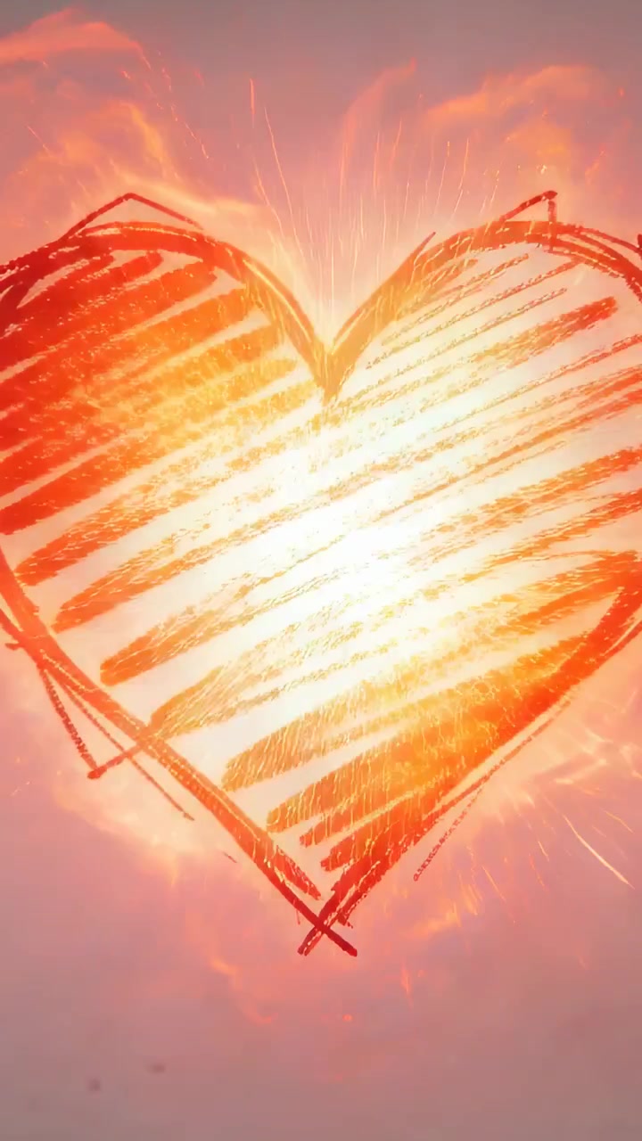 Video verticale: Fiamma tremolante che accende un cuore rosso disegnato a mano che pulsa in un cielo pallido, mostrando passione.