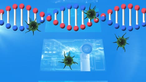 파란색 배경 위에 코로나19 세포가 회전하고 떨어지는 dna 가닥의 애니메이션