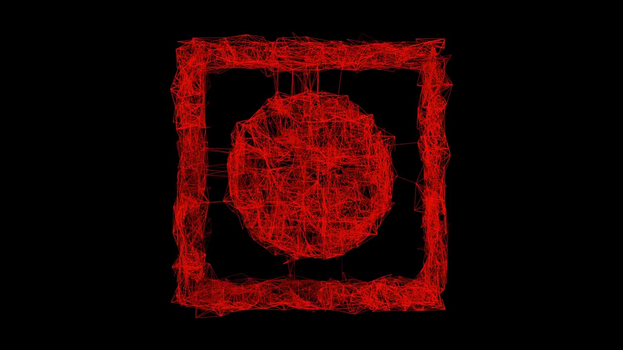 A red polygonal wireframe record button icon rotates and reveals against a dark background, representing digital media capture, network security, and user interface controls.