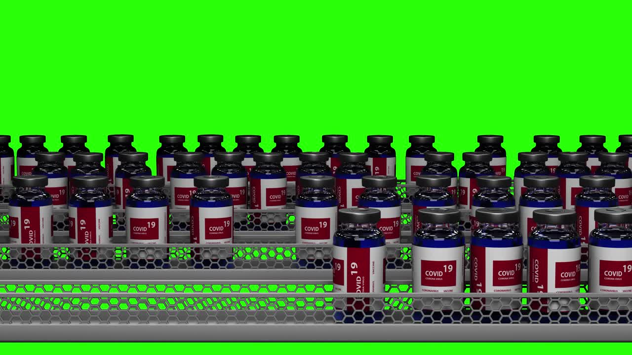 19 코로나바이러스 백신 생산 녹색 스크린, 배경, 키링 및 영화 효과에 좋습니다.