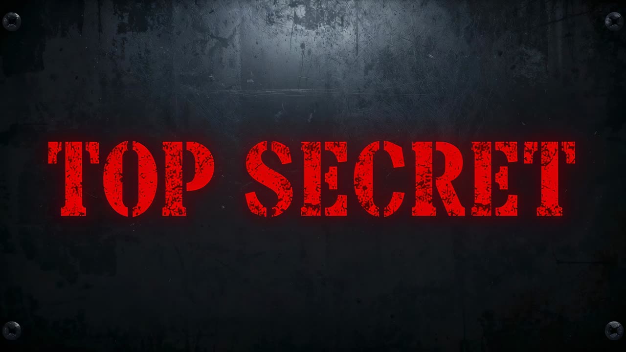 Titolo TOP SECRET più luminoso che acquisisce consistenza man mano che i fotogrammi avanzano su una porta di metallo scura, alone, rivetti