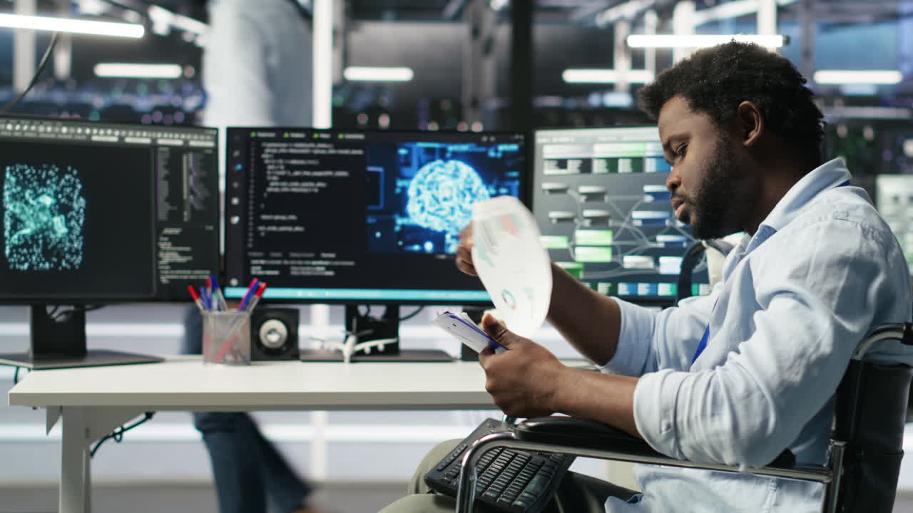 Server hub admin with paraplegia receiving paperwork documents from colleague
