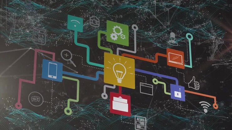 Animation of network of digital icons over green digital waves against black background