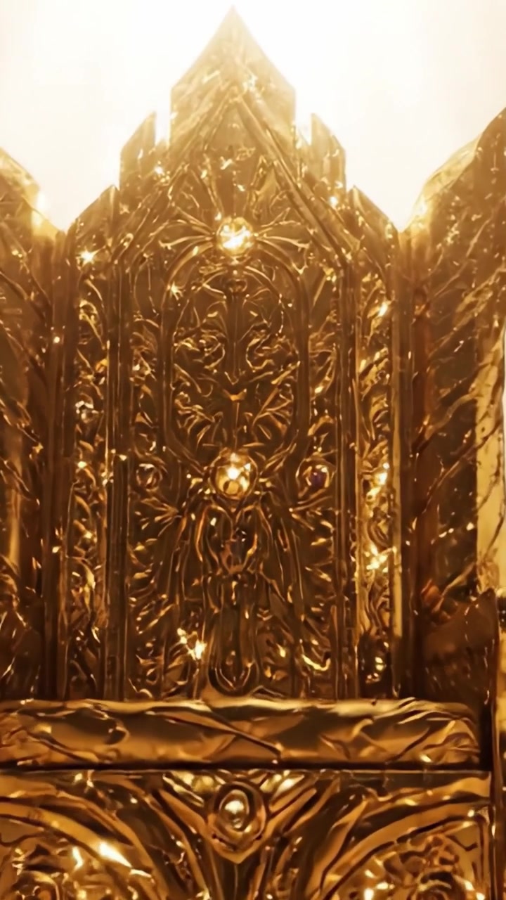 Un maestoso trono dorato che emana splendore: uno sguardo mozzafiato di stravaganza e potere catturato con dettagli brillanti e luce scintillante.