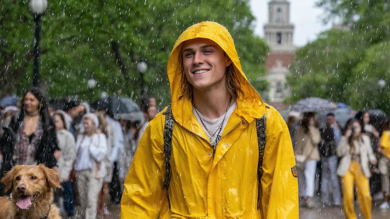 Joyful Moments in the Rain: A Young Person in a Bright Yellow Raincoat Strolls Happily Among a Crowd, Accompanied by a Golden Retriever as Rain Falls Gently