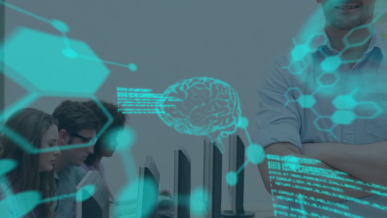 Animation of scientific data processing over diverse business people using computers in office