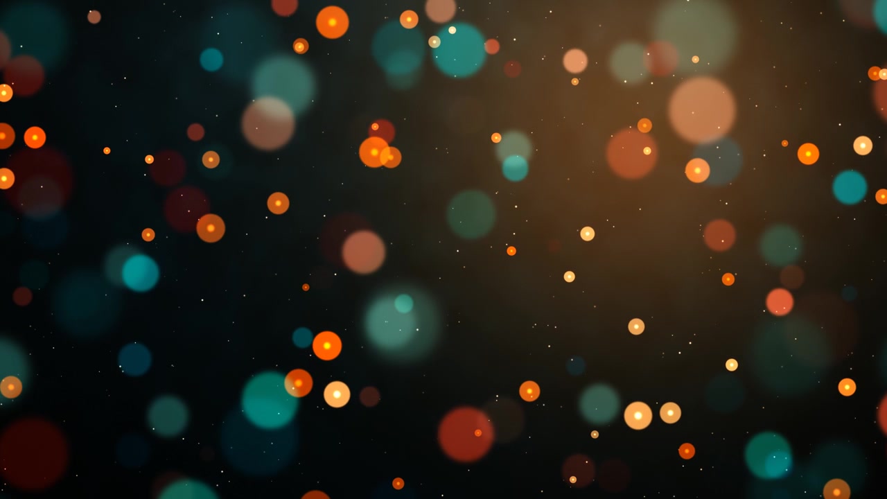 Glødende oransje og turkisblå bokeh-lys driver gjennom mørkt rom, loopbar animasjon av en magisk og festlig atmosfære