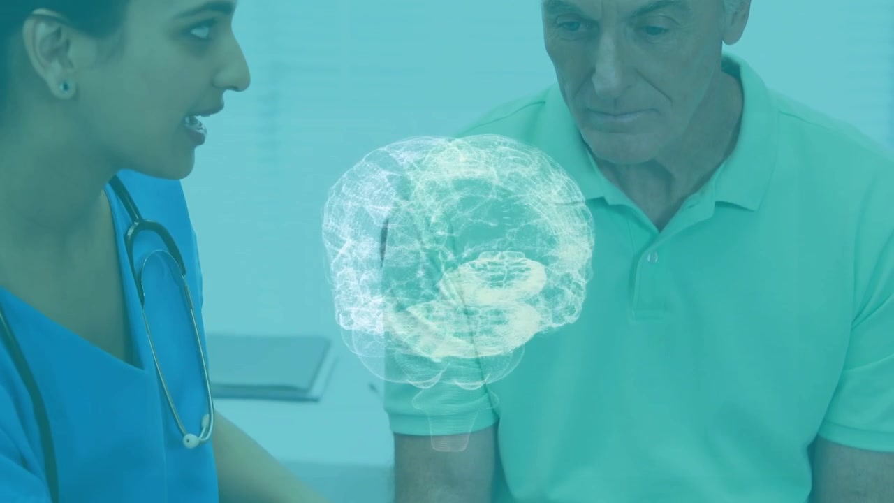 Glitch aparecendo como enfermeira examinando o braço e homem ouvindo com cérebro médico surgindo para diagnóstico.
