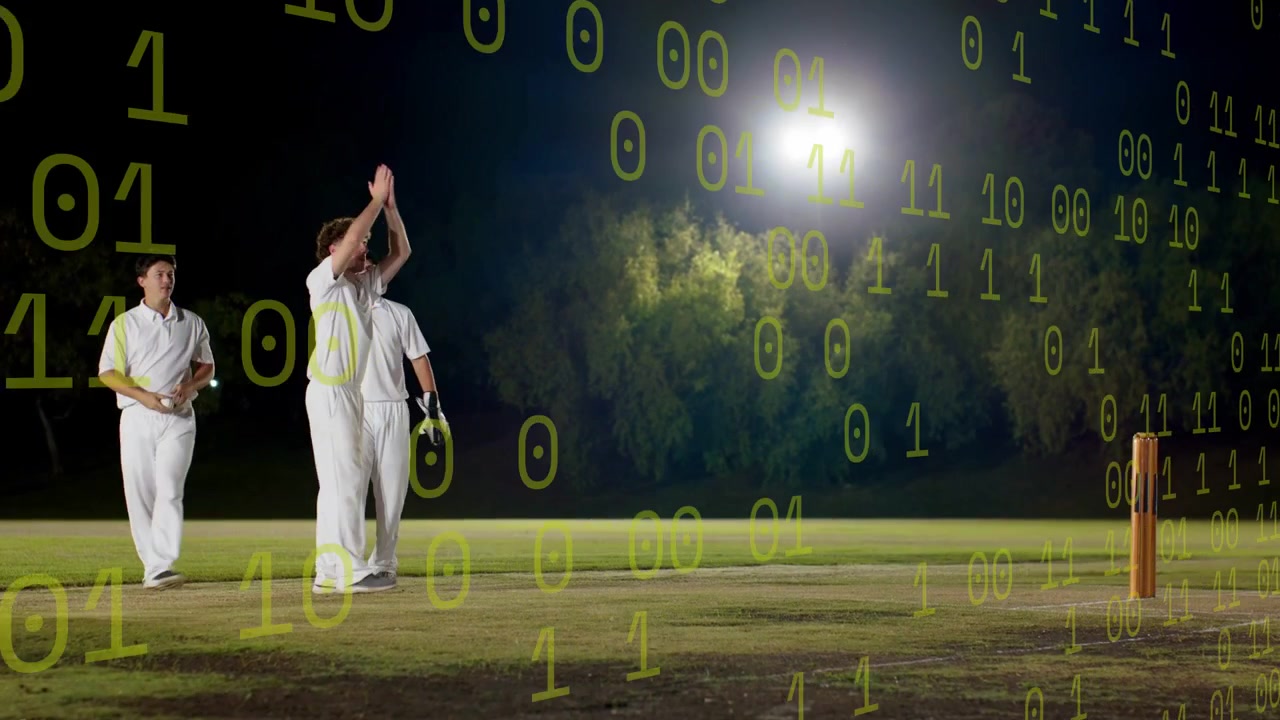 Cricket teammates huddling after wicket, celebrating while binary overlay drifting over players