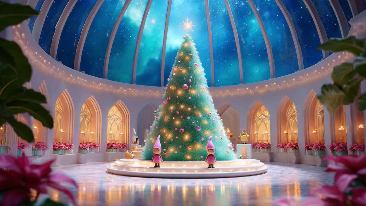 A Magical Holiday Scene Featuring a Beautifully Decorated Christmas Tree Surrounded by Festive Decorations and Colorful Gnomes in a Stunningly Designed Indoor Space with a Starry Sky Backdrop