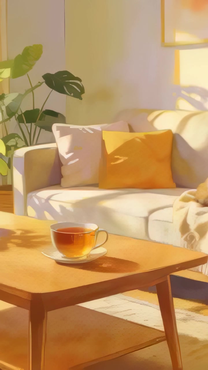 Vertical video: Shifting sunlight casting shadows across lounge, warming clear glass cup on saucer