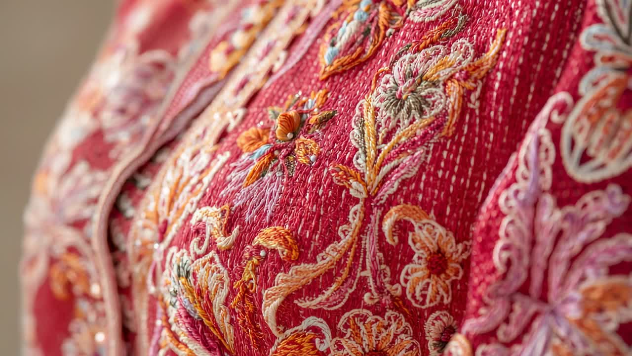 Pressing record, camera focusing on embroidered pink textile in studio, highlighting motifs