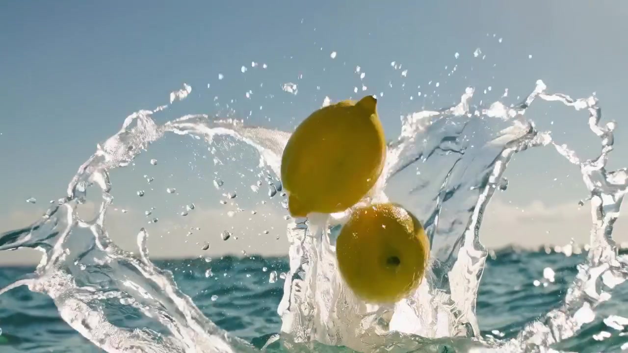 Sitroner som plasker ned i klart havvann i sakte film