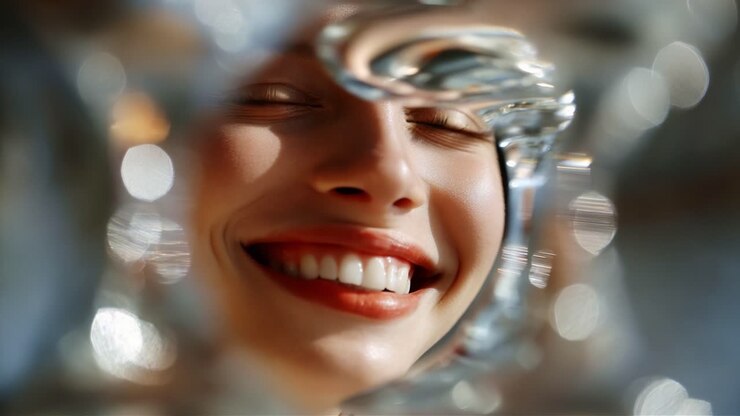 Captivating Expressions: A Close-Up of a Joyful Smile Reflected in Abstract Glass, Highlighting the Radiance and Happiness of the Subject's Inner Light