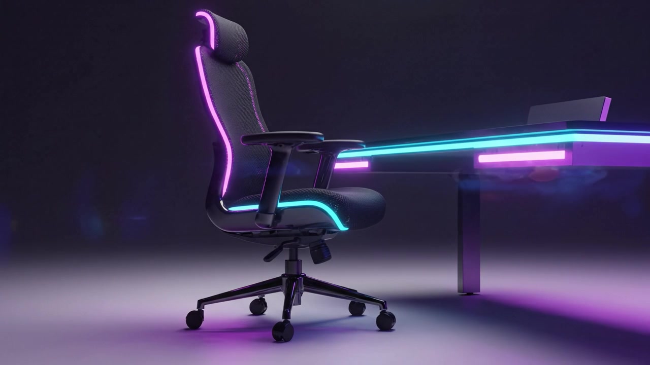 Sleek and Modern Gaming Chair with RGB Lighting Next to a Futuristic Desk in an Atmospheric Setting Perfect for Any Gaming Room or Workspace