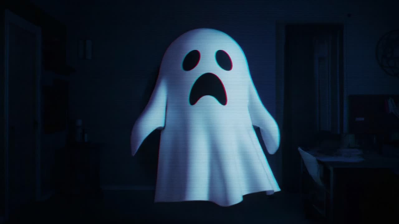 A Haunted Presence: A Sinister Ghost Appears in Glitchy Formats, Evoking Fear and Mystery in the Shadows of a Dimly Lit Room