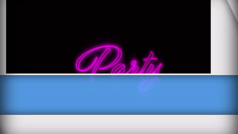 Animation of blue and white panels opening over purple neon text party, on black background
