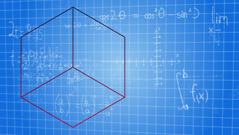 la animación digital muestra ecuaciones matemáticas en cuadrículas sobre un cubo sobre un fondo azul.