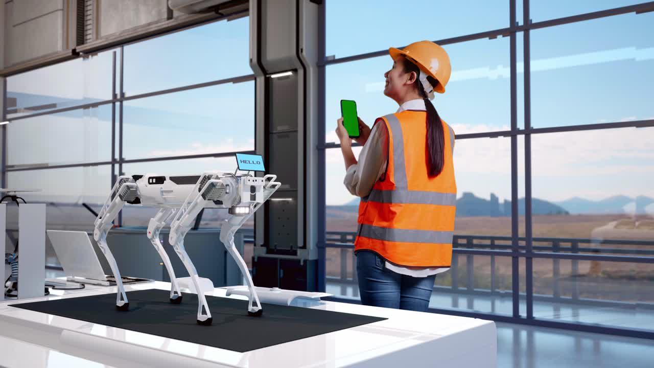 vista posteriore completa del corpo di un'ingegnere asiatica con casco di sicurezza che lavora su uno smartphone a schermo verde e si guarda intorno in una fabbrica ad alta tecnologia, analizzando il concetto di macchina robotica