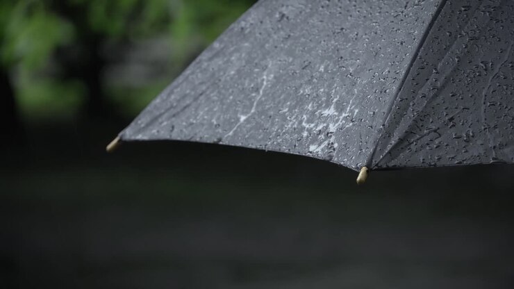 Black umbrella getting wet in summer rain