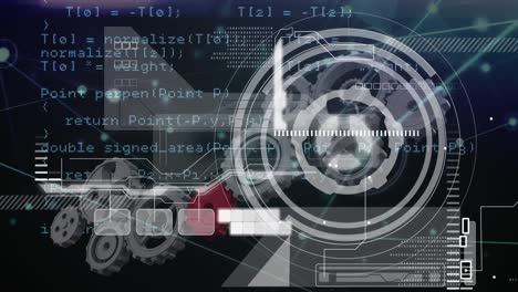 animación de iconos de escaneo digital con engranajes y pantalla sobre lenguajes de programación