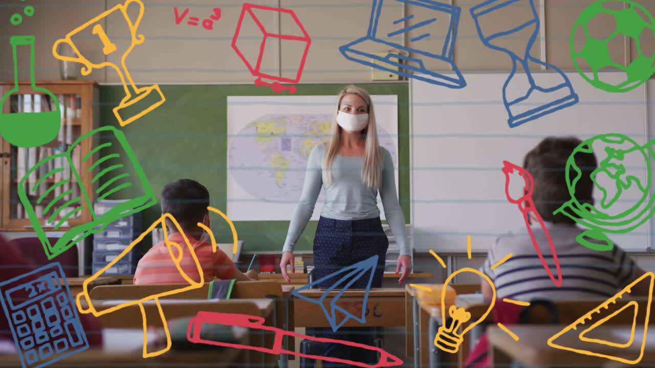 animación de los iconos de los artículos escolares que se mueven sobre los escolares