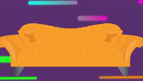 Animation-of-illustration-of-orange-sofa-over-colourful-capsule-shapes-moving-across-purple