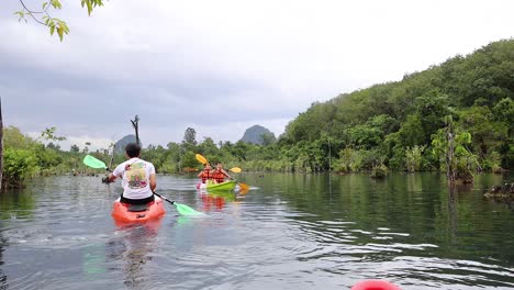 kayakers explore scenic canal in krabi, thailand